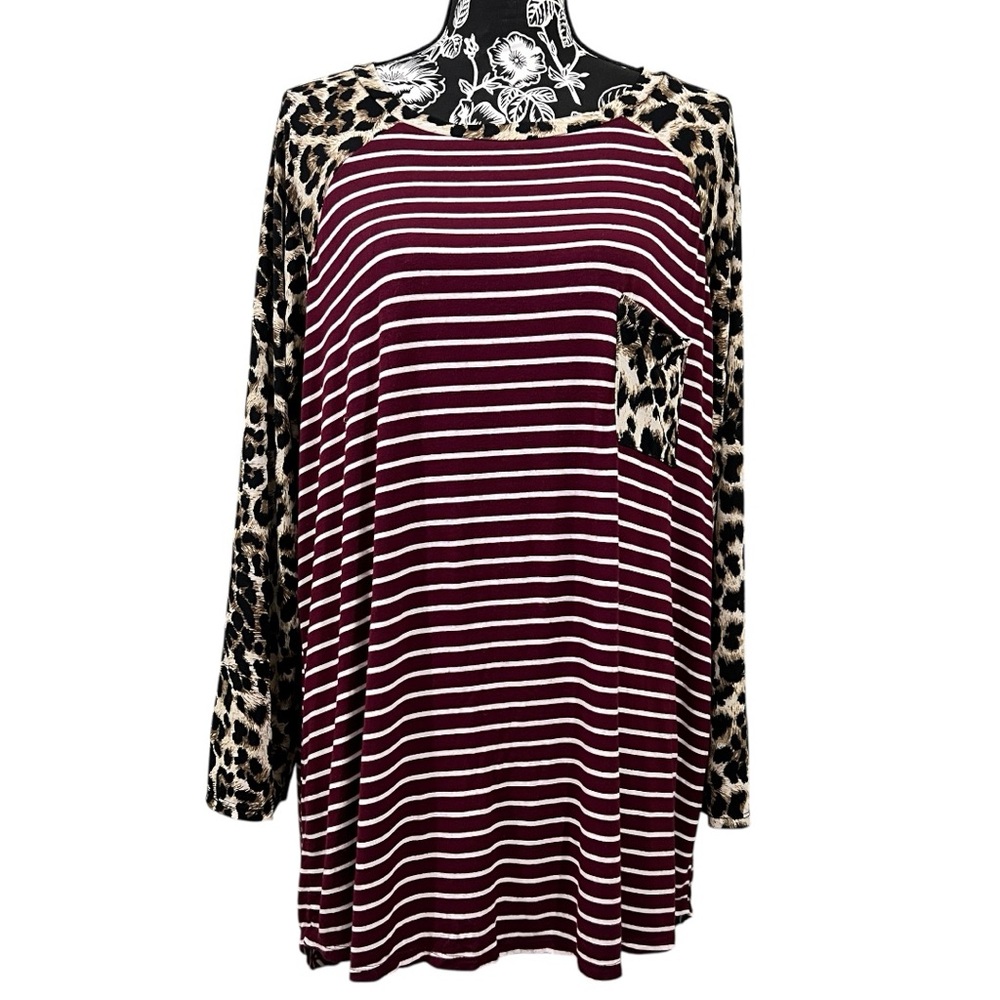 Now N Forever Burgundy Striped‎ Top with Leopard Accents
